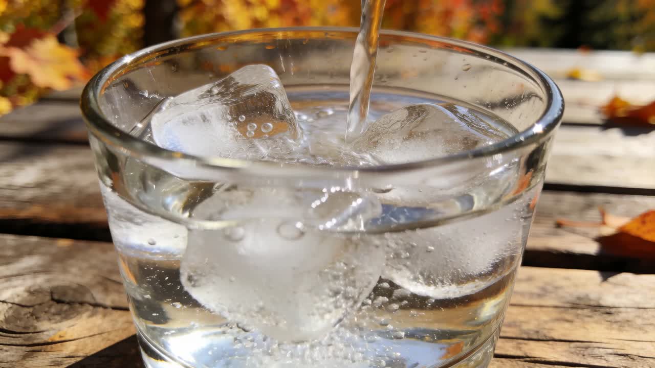 Flusso d'acqua che si versa in un bicchiere di vetro trasparente su un piano d'appoggio in legno, riempiendo il bicchiere e formando bolle.