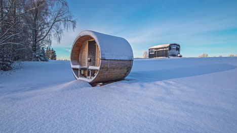 timelapse: wooden modular cabin room at a snow covered forest side field area