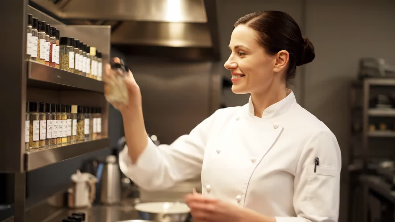 Chef che seleziona spezie in una cucina professionale