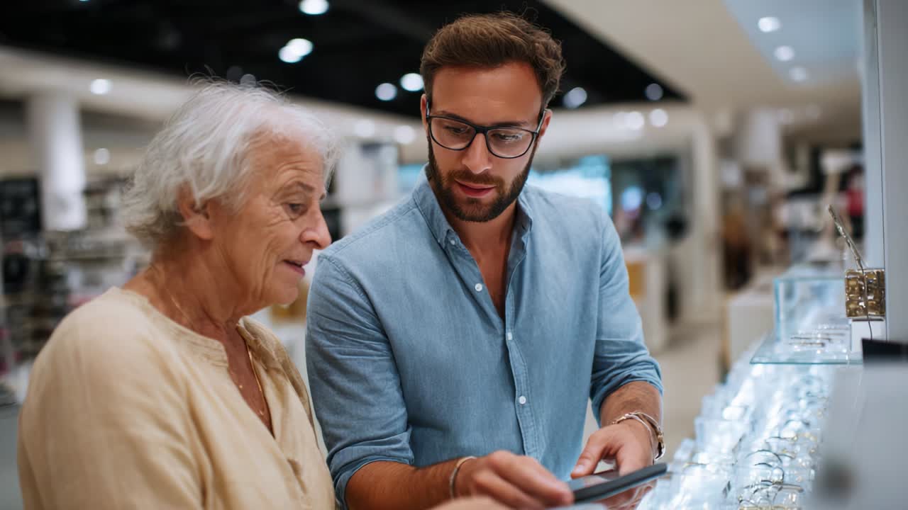 A Young Man Engages with an Elderly Woman in a Jewelry Store, Exploring Meaningful Choices Together While Examining Their Options for Potential Purchases in a Bright and Modern Retail Setting