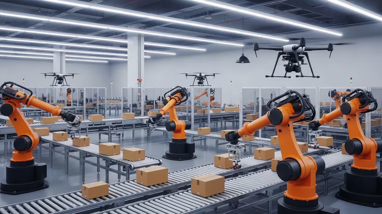 An Advanced Automation Assembly Line Featuring Autonomous Robots and Drones Efficiently Handling Packages in a Modern Warehouse Environment