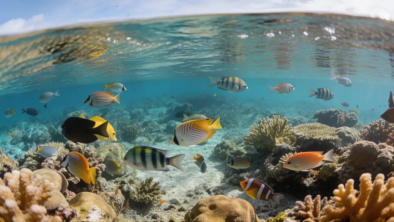 Banco de peces de arrecife nadando y acercándose a la cámara, a la deriva en una laguna poco profunda cerca de cabezas de coral.