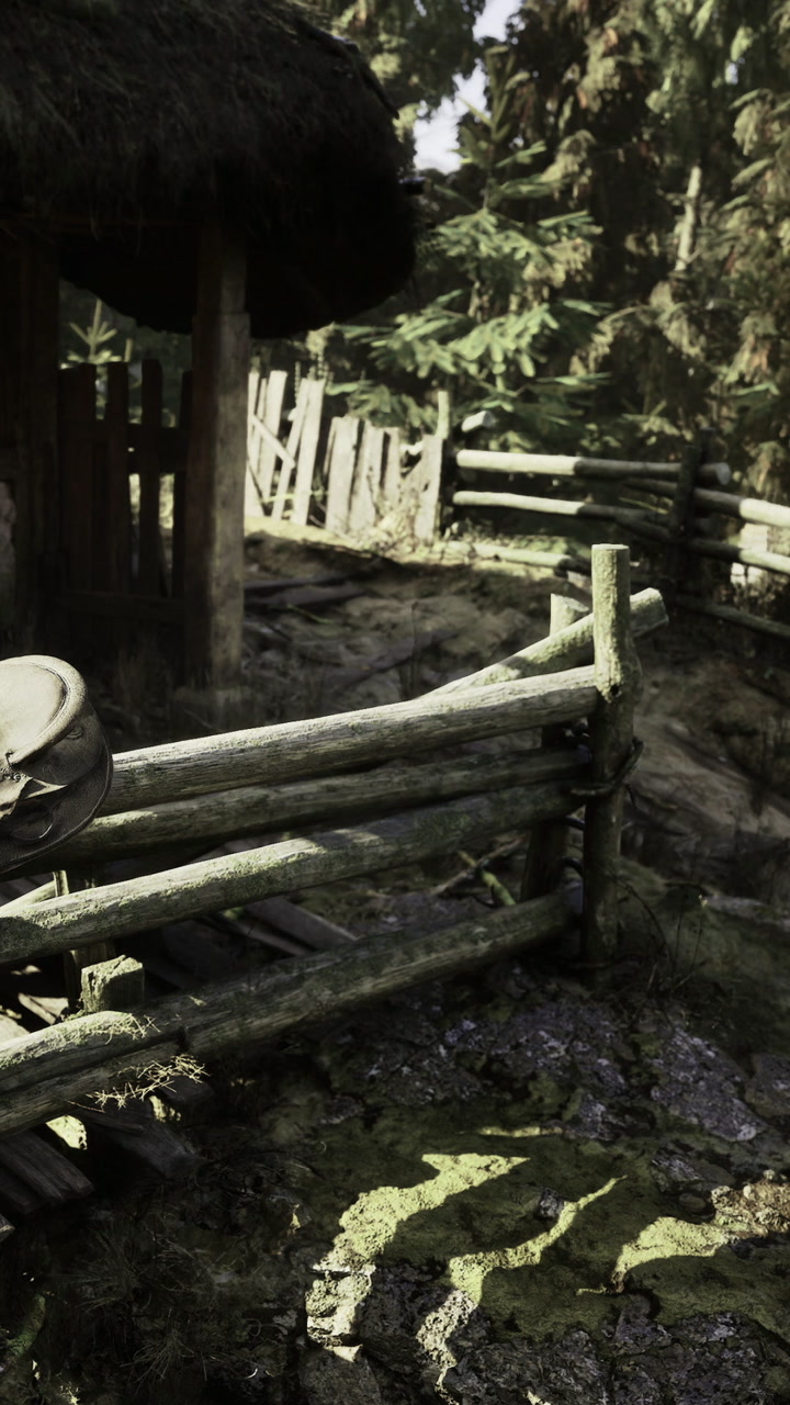 Rustic wooden fence surrounded by lush greenery under soft sunlight