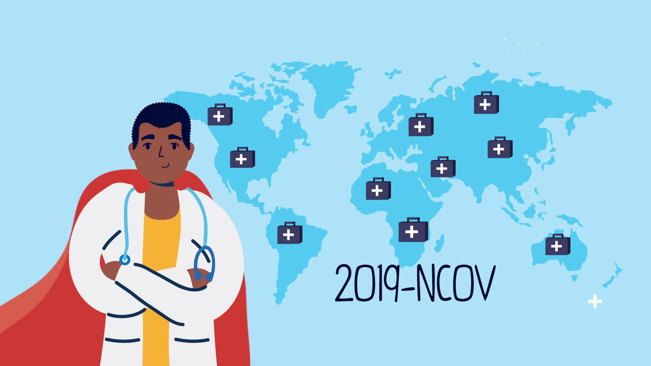 히어로 망토와 지구 지도를 가진 아프로 의사