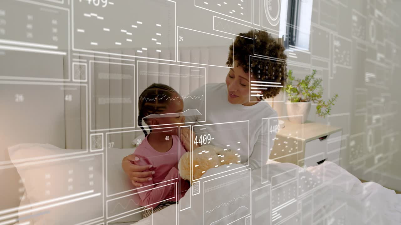 Childcare mom leaning forward starting hair on bed calming girl with stuffed dog while UI floating
