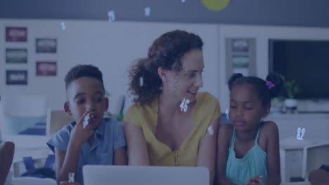 Animation-of-falling-numbers-over-happy-diverse-female-teacher,-boy-and-girl-using-laptop-in-class