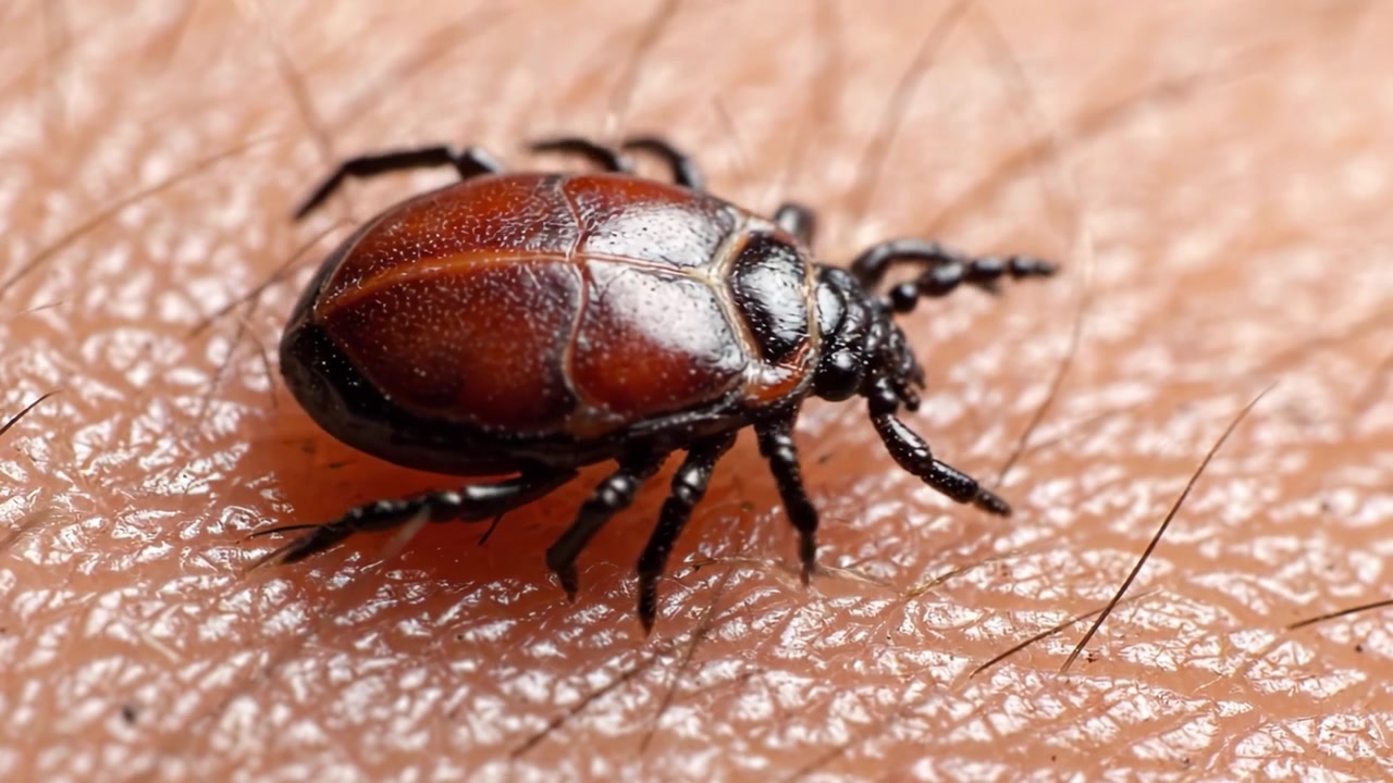 Vista macro di una zecca sulla pelle: un'esplorazione ravvicinata di un parassita comune che ne evidenzia le caratteristiche e la struttura biologica.