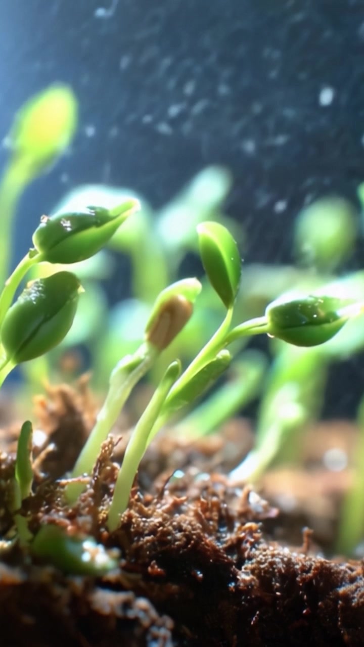 Close-up de sementes brotando no solo com gotas de água, exibindo o estágio inicial de crescimento das plantas em um ambiente natural exuberante e cheio de luz.
