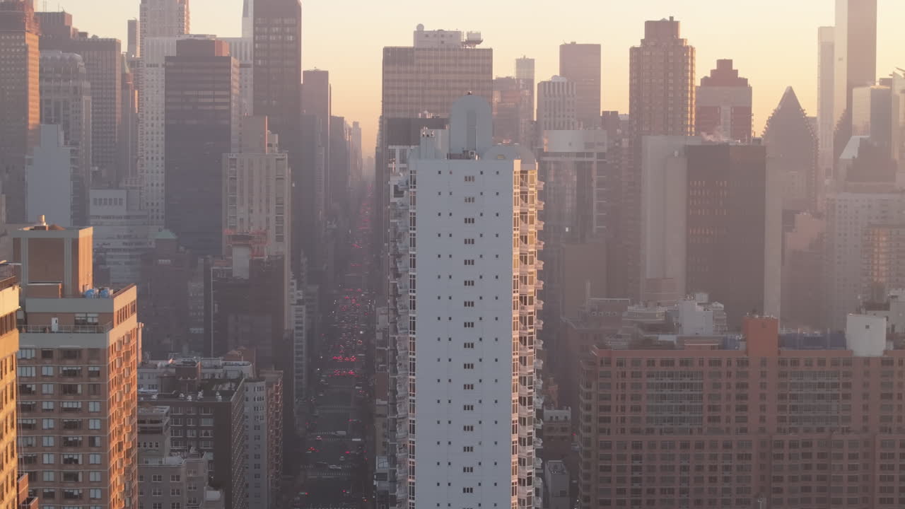 Aerial view of skyscrapers in Midtown Manhattan. Shot at sunrise in New York City.