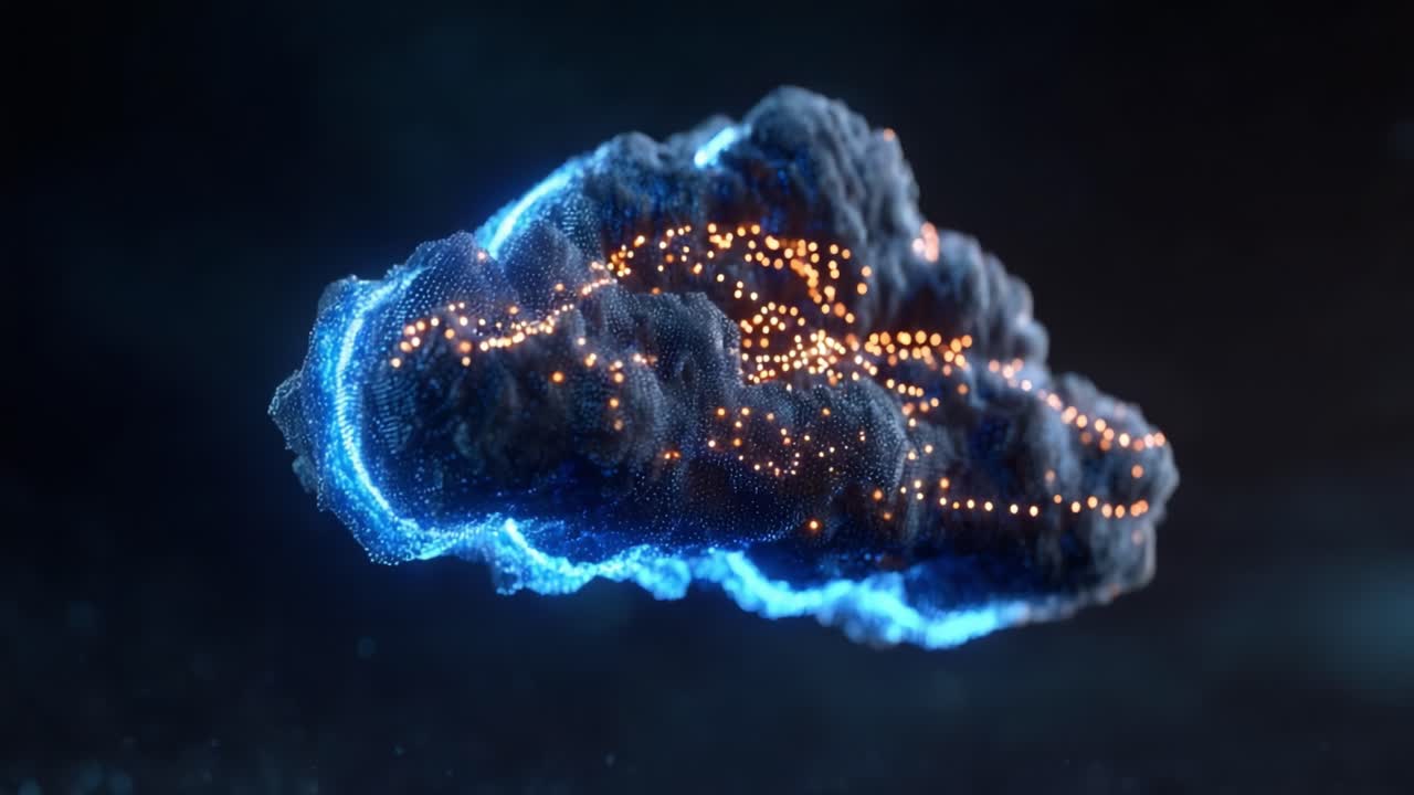 A Stunning Digital Cloud Forming with Illuminated Particles, Showcasing Vibrant Lights and Textures in a Futuristic Setting, Capturing the Imagination of Viewers
