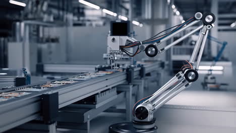 robotic arm assembling electronics on a production line