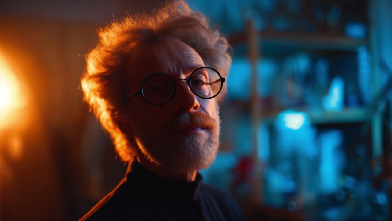 A Thoughtful Scholar in a Dimly Lit Workshop, Contemplating Ideas Amidst a Creative Background Filled with Tools and Soft Lighting Effects