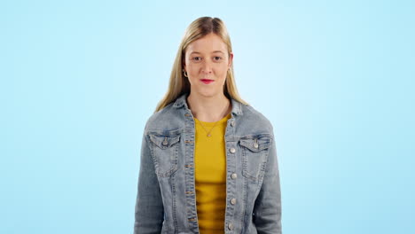 Face,-wave-palm-and-excited-woman-in-studio