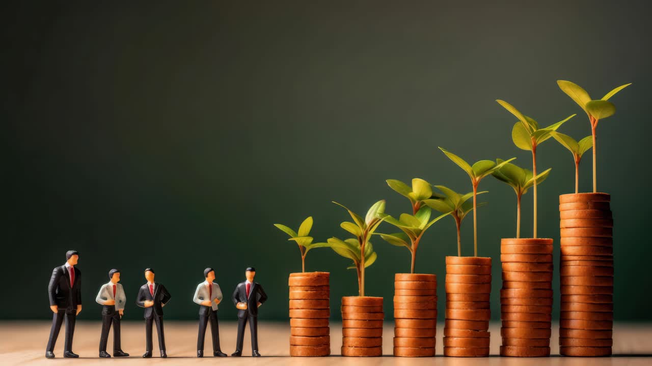 Miniaturefigurer og møntstakke med voksende planter, der symboliserer finansiel vækst