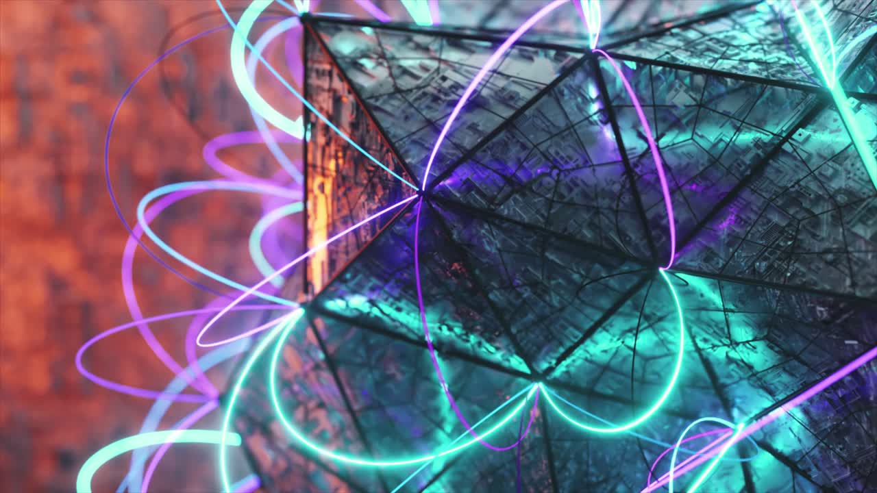 estructura geométrica cyberpunk con luces de neón