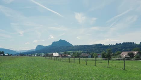 static shot over austrian field with mountains in the background