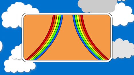 Animation-Von-Zwei-Regenbögen-Auf-Einem-Orangefarbenen-Rechteck,-über-Weißen-Wolken-Am-Blauen-Himmel