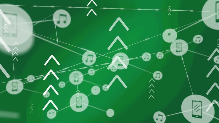 Animation of network of connections with note icons over arrows on green background