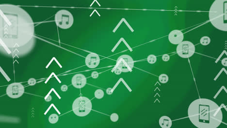 animation of network of connections with note icons over arrows on green background