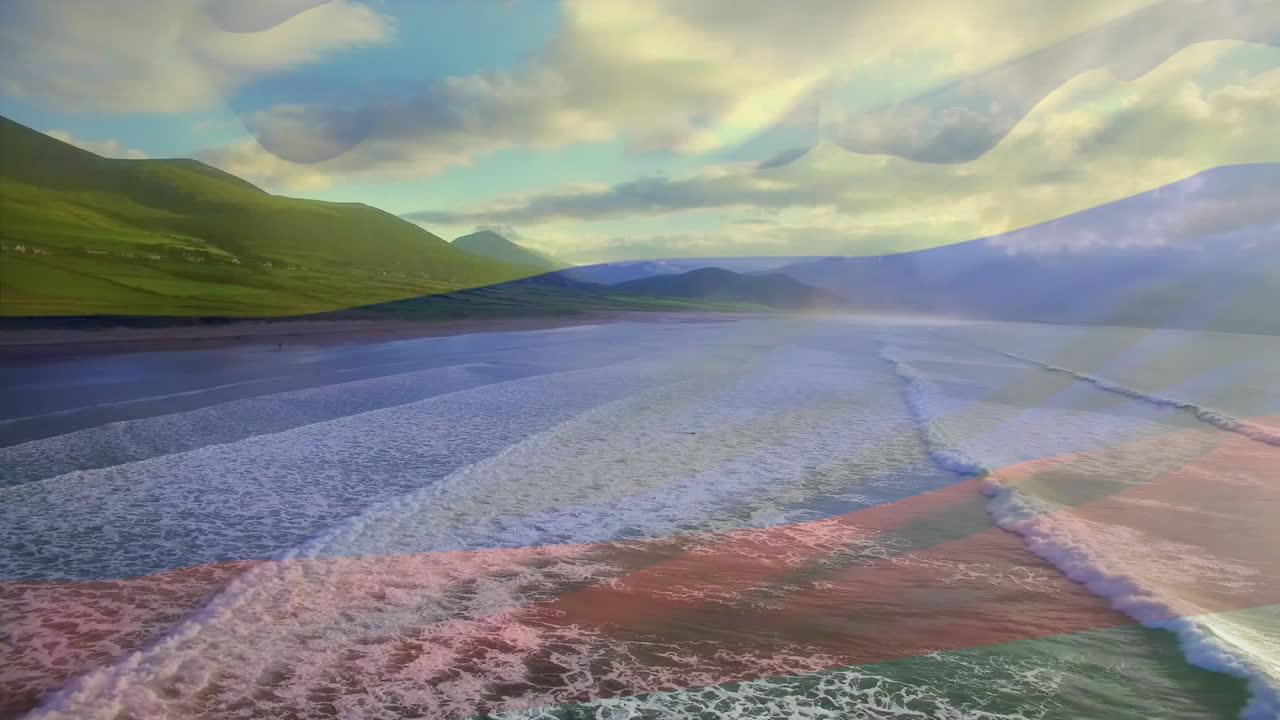 цифровая композиция размахивающего колумбийским флагом на фоне воздушного вида морских волн