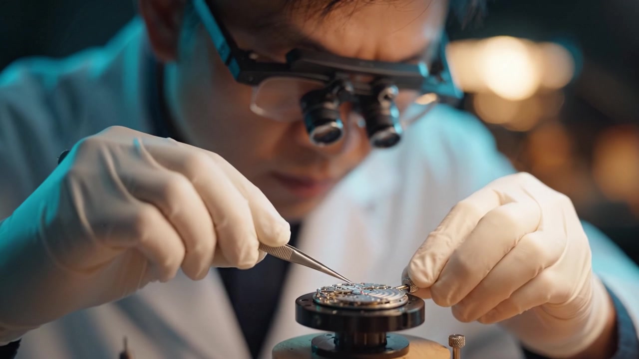 Meticulous Watchmaker Engaged in Precision Craftsmanship with Tools, Focusing on Detailed Timepiece Assembly Under Soft Workshop Lighting