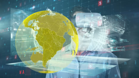 animación de procesamiento de datos y hombre del globo con auriculares vr y advertencia de ataque cibernético
