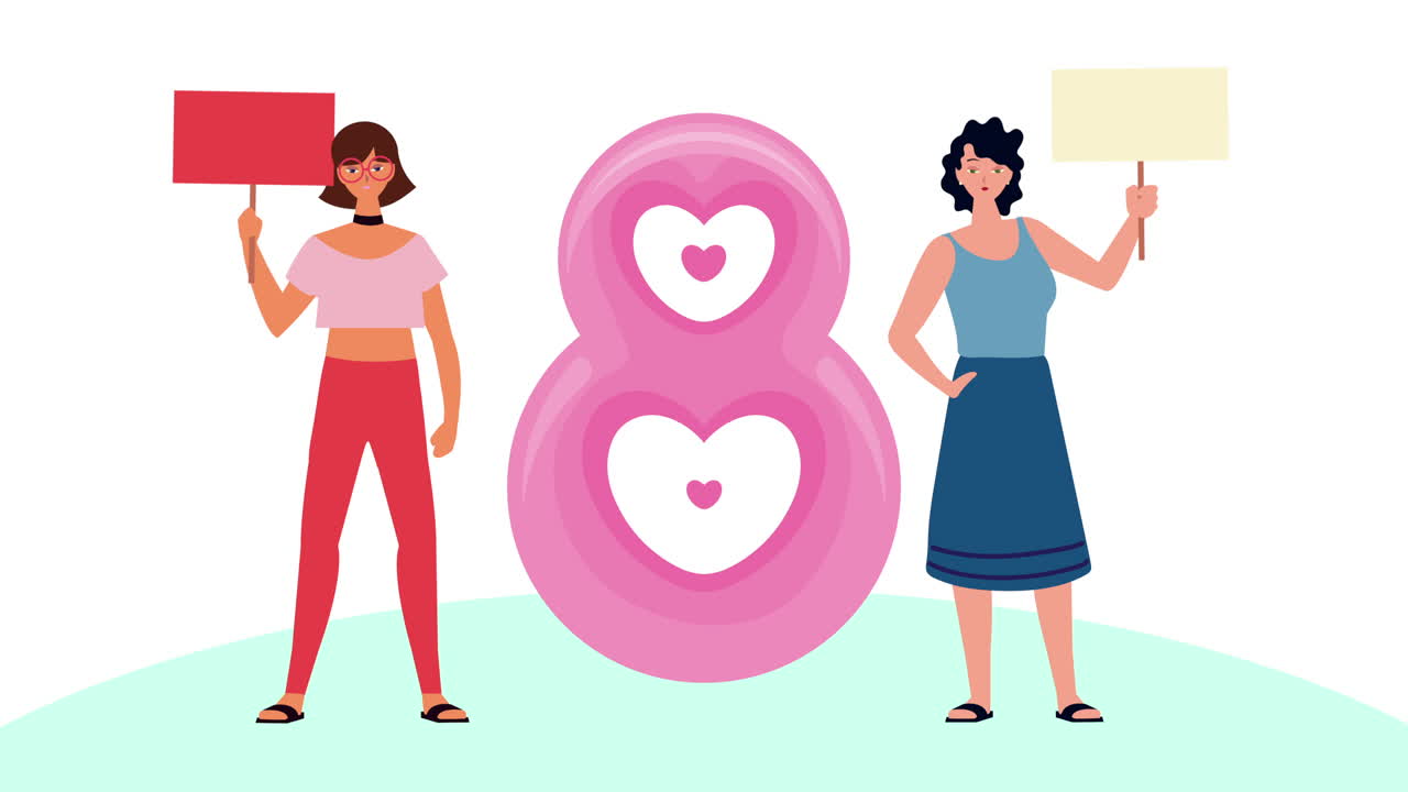 feliz tarjeta del día de la mujer con chicas protestando y número ocho