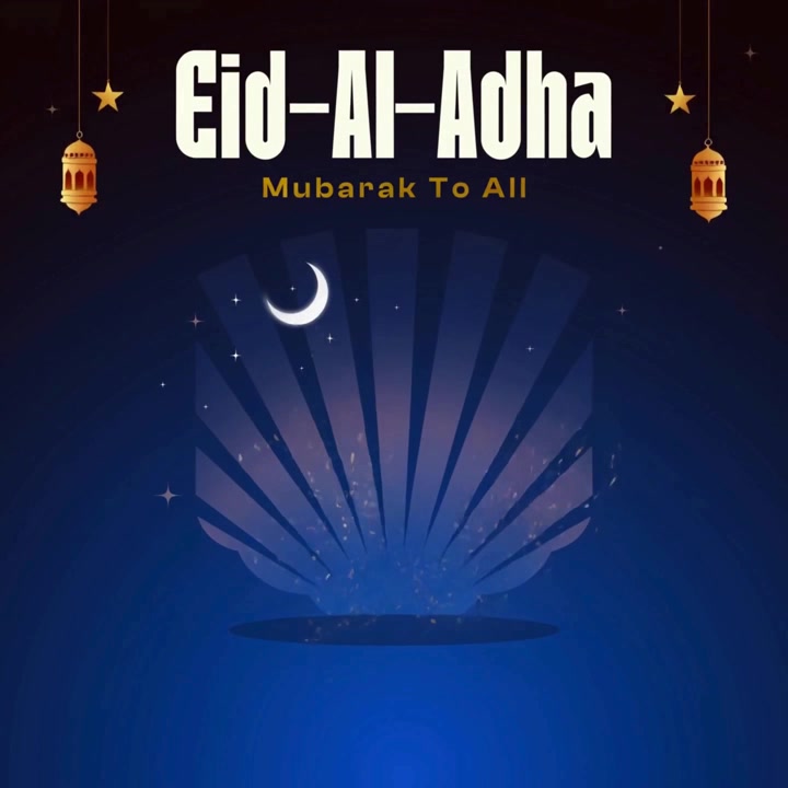 Animazione banner di auguri per Eid Al Adha con illustrazione decorativa di mucca