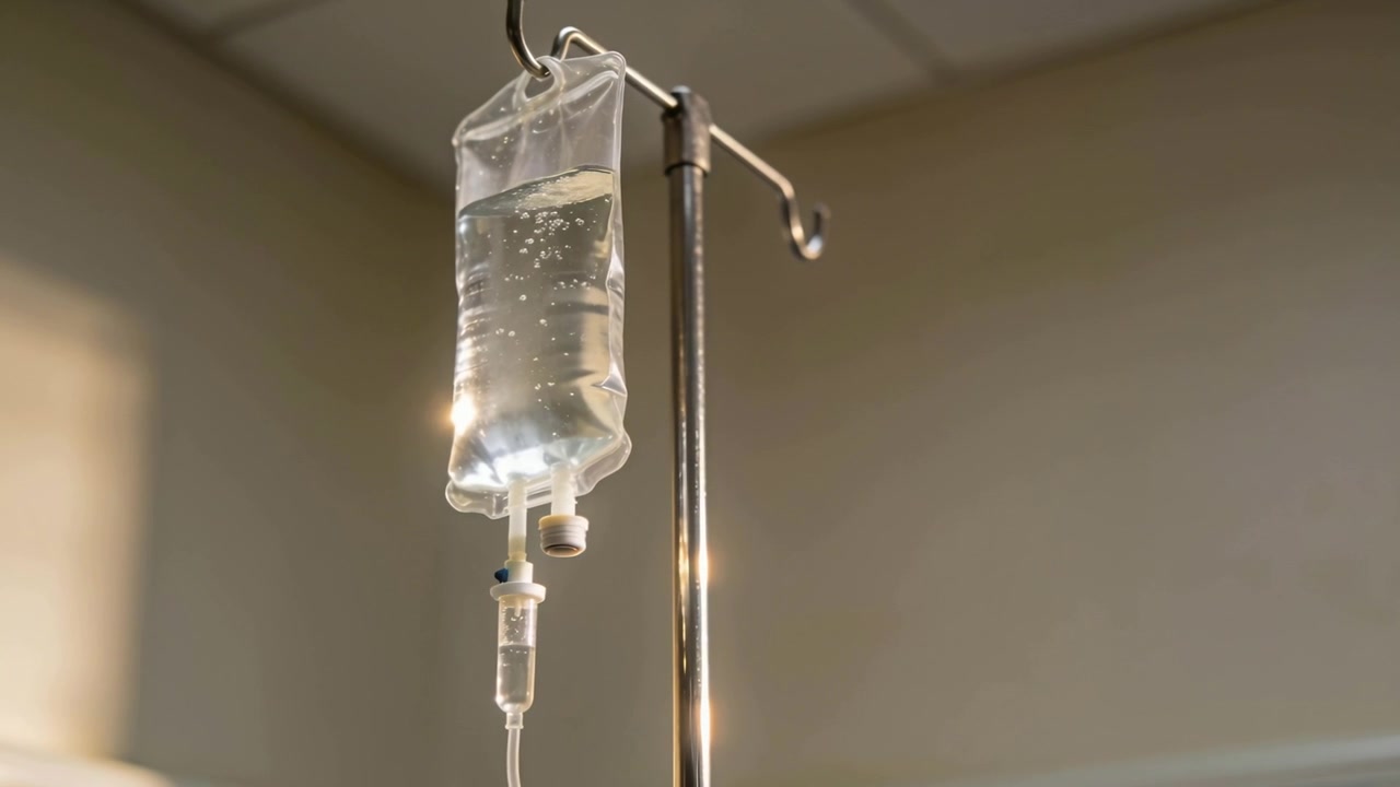 Sacca per flebo che gorgoglia e camera di gocciolamento che oscilla a causa di un leggero movimento della telecamera in una clinica per l'osservazione.