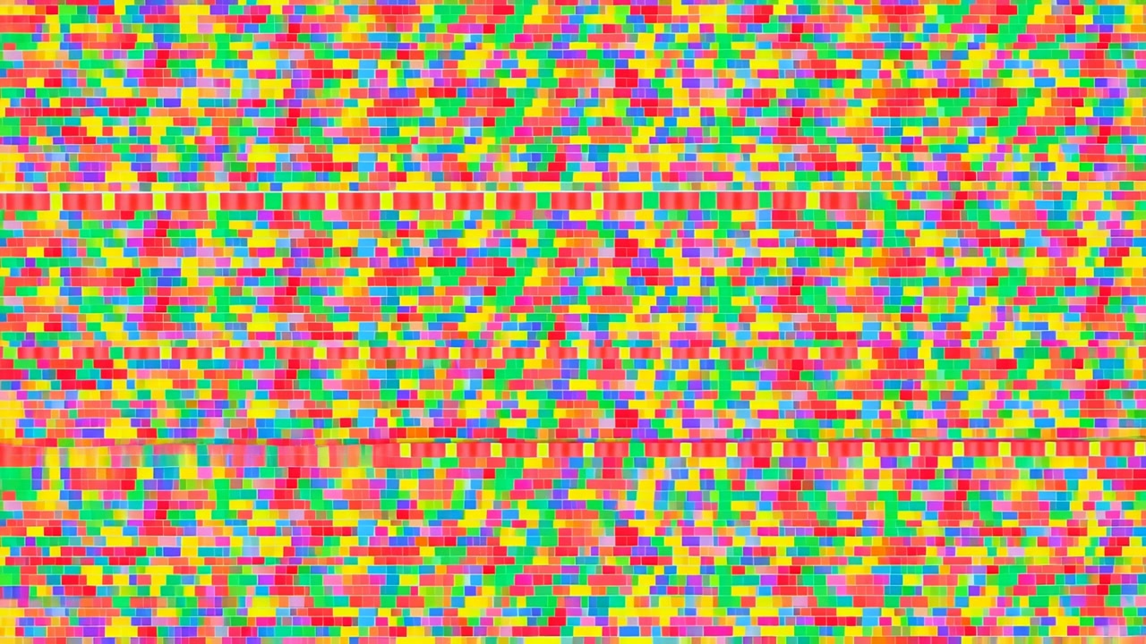 Griglia di rumore a mosaico di pixel colorati, cascata frenetica di piccoli quadrati saturi che formano un motivo astratto glitch.