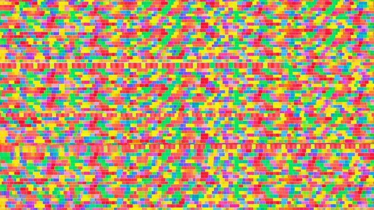 Colorful Pixel Mosaic Noise Grid, Frenetic Cascade Of Tiny Saturated Squares Forming Glitchy Abstract Pattern
