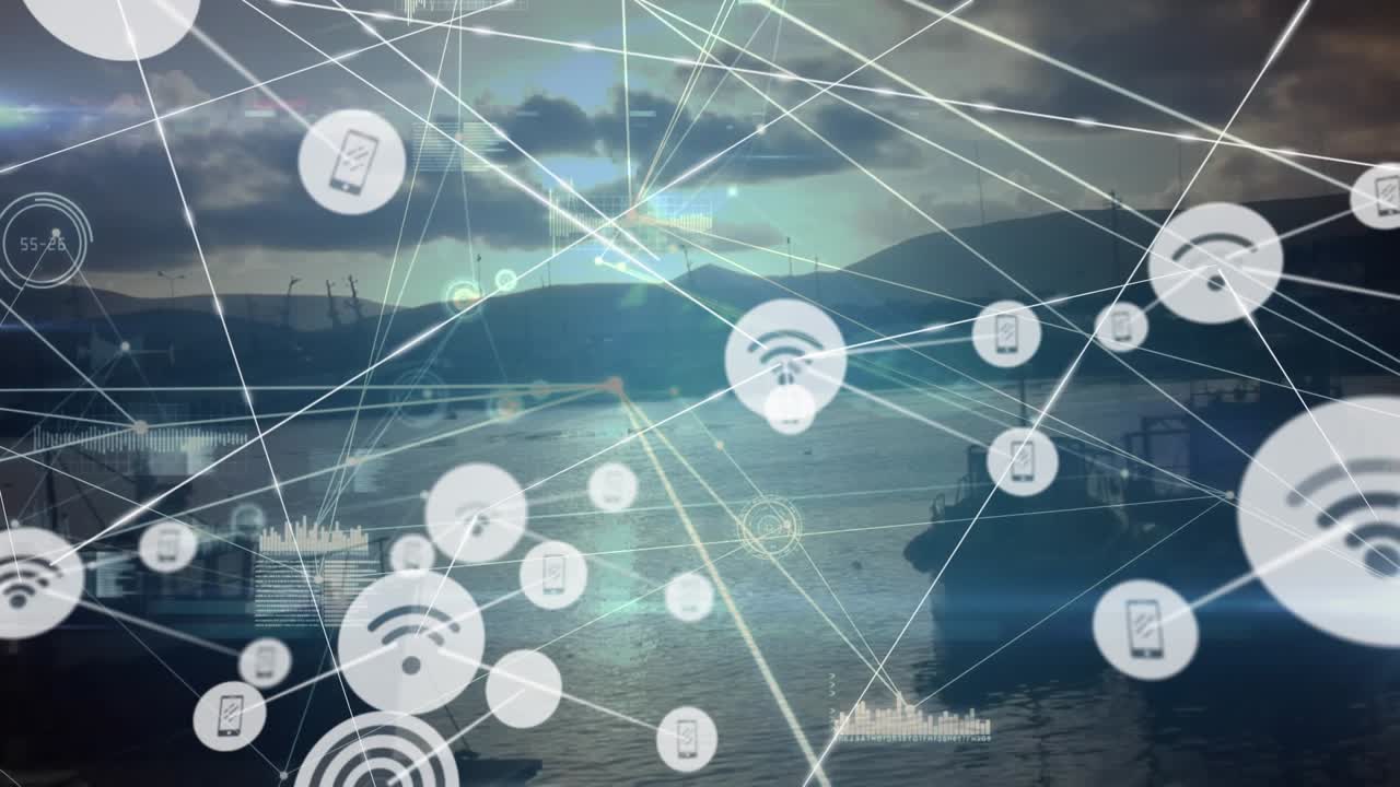 Animation af forbundne ikoner, grafer og database over både fortøjet i havn mod bjerge og himmel