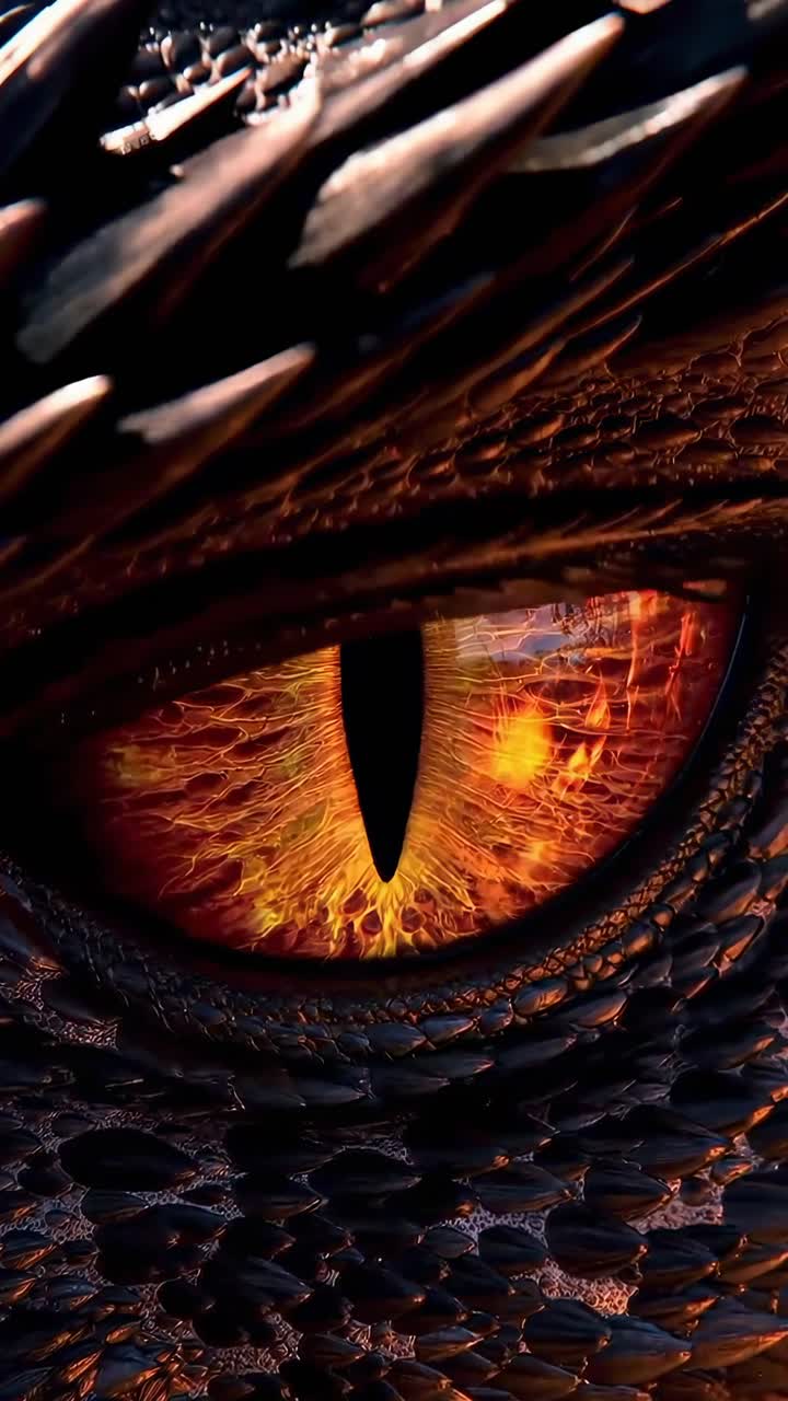 Close-up of a dragon's fiery eye, capturing intricate details, perfect for fantasy video themes