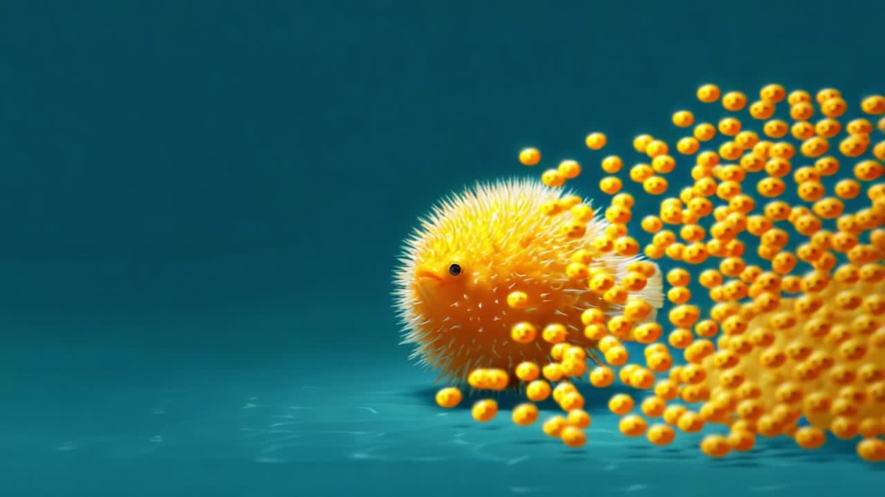 A vividly colored aquatic creature with spiky texture and vibrant orange hue, surrounded by a scattering of smaller orange spheres, showcasing a striking underwater scene through captivating visuals