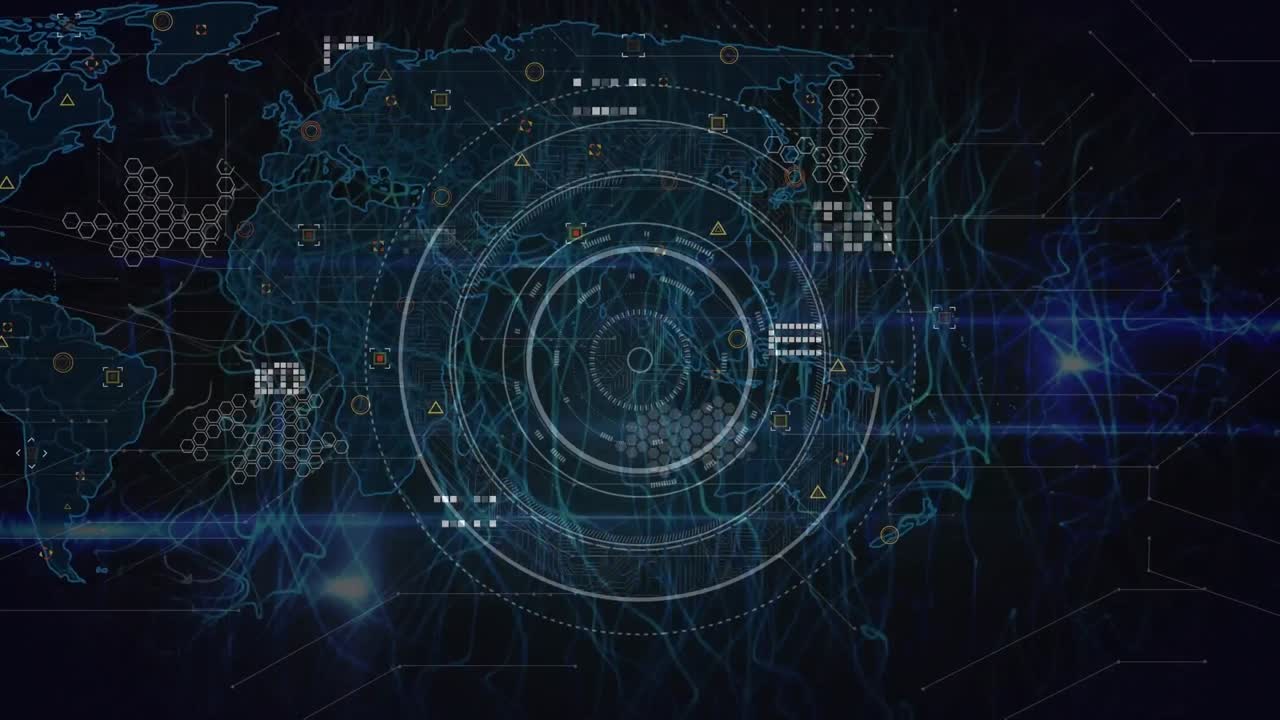 animación de escáner redondo y senderos de luz azul sobre el mapa del mundo contra un fondo negro.