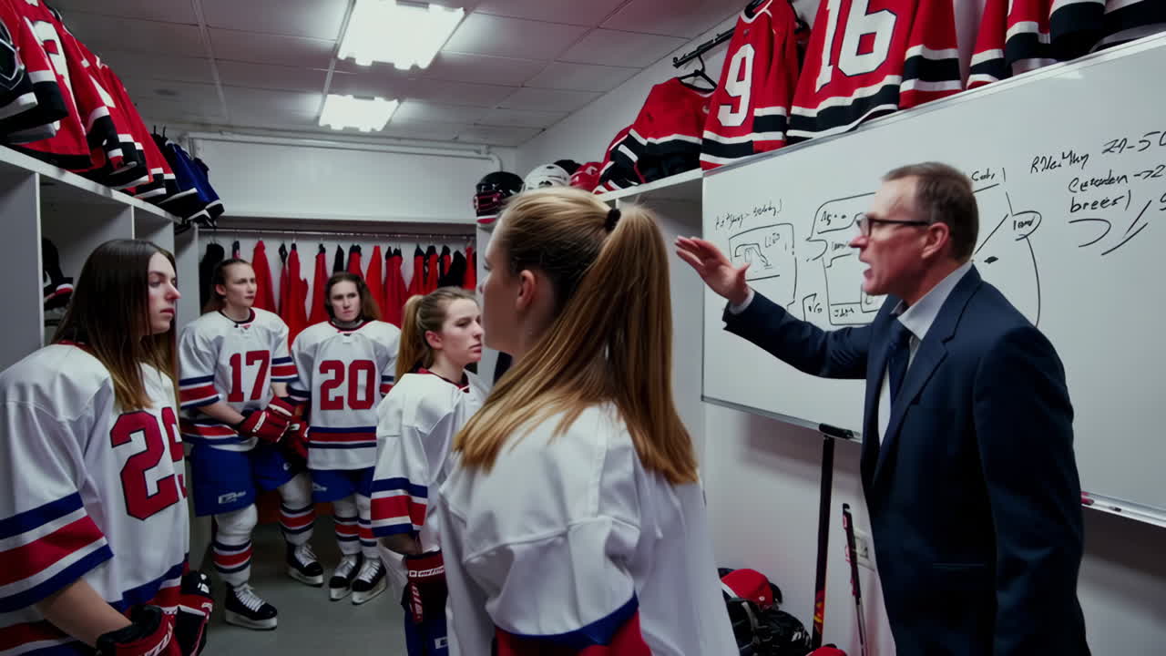 Hockey Coach Explaining Strategy to Female Players in Locker Room