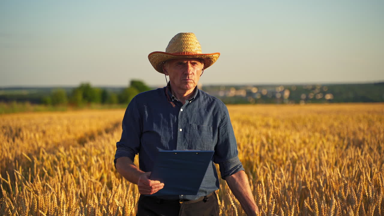 Old farmer on a wheat field. Male farmer with a folder holding spikelet of ripe wheat to analyze grains in yellow field at sunset.