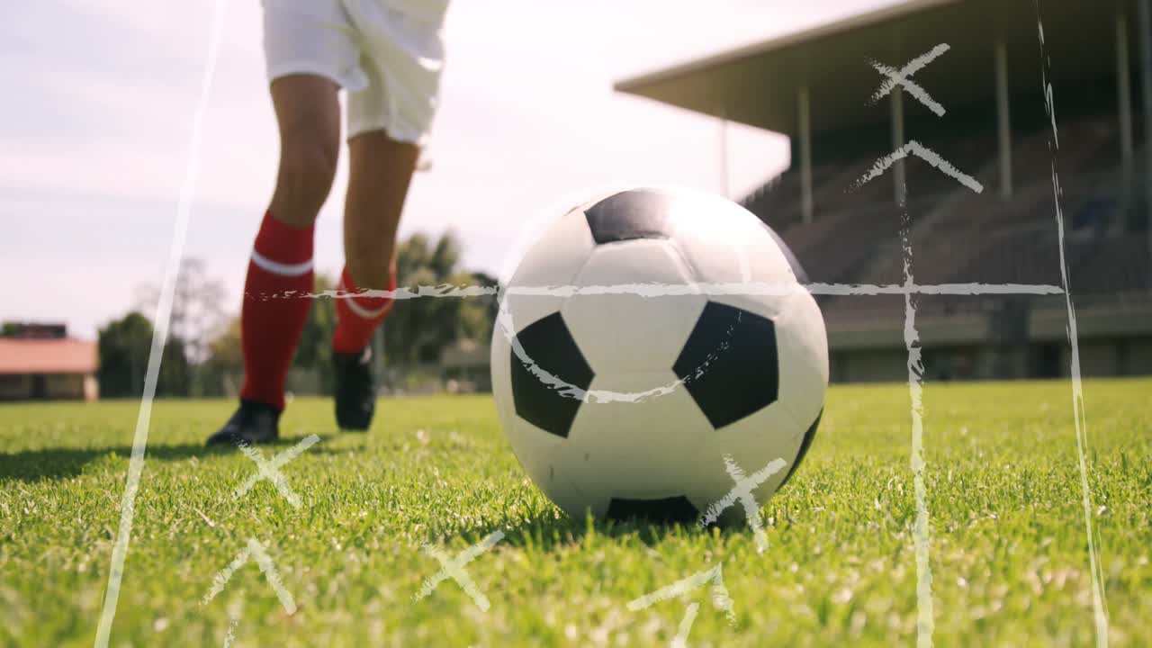 Animation af spilleplaner over kaukasisk fodboldspiller på stadion