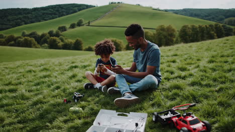 father and son bond while repairing toy cars outdoors