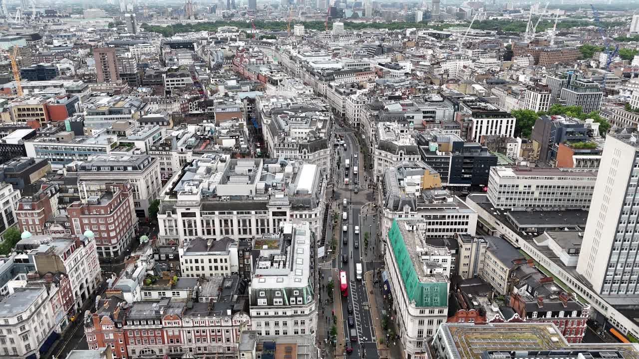 Regents Street Central London UK ascending drone,aerial 4K footage