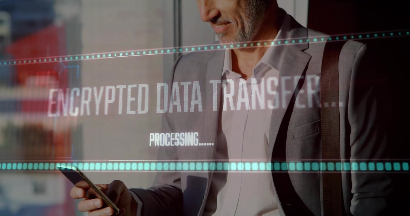 Tech executive tapping smartphone, revealing encrypted transfer progress moving right securing data