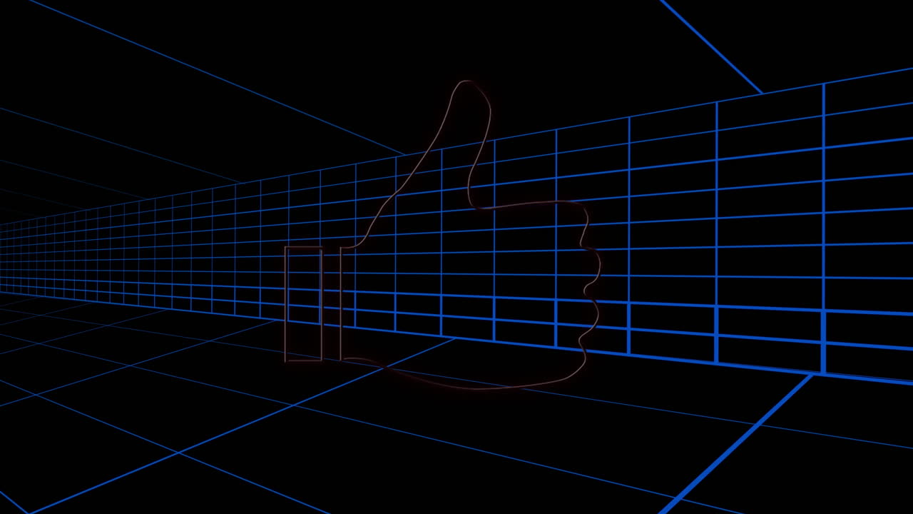 Glowing red neon thumbs-up symbol over blue grid background with animation