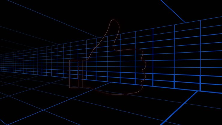 Glowing red neon thumbs-up symbol over blue grid background with animation