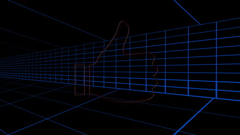 glowing red neon thumbs-up symbol over blue grid background with animation