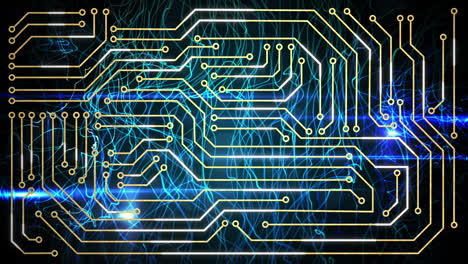 digital animation of microprocessor connections over blue digital waves against black background