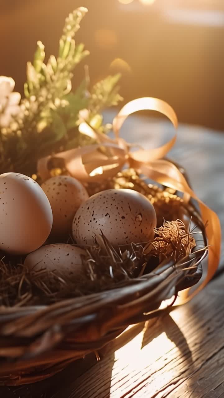 A Beautiful Arrangement of Easter Eggs in a Basket Surrounded by Grass and Decorative Ribbons Enhanced by Warm Natural Lighting