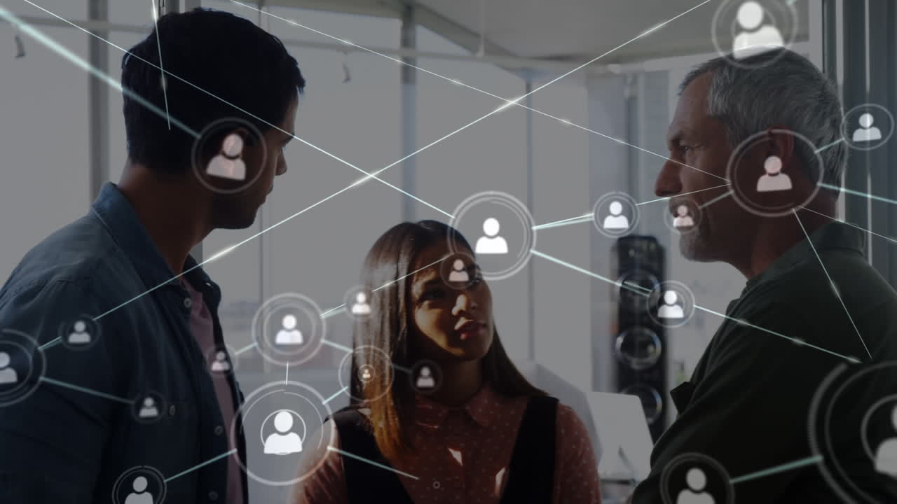 Animation of network of connection over business people in the office