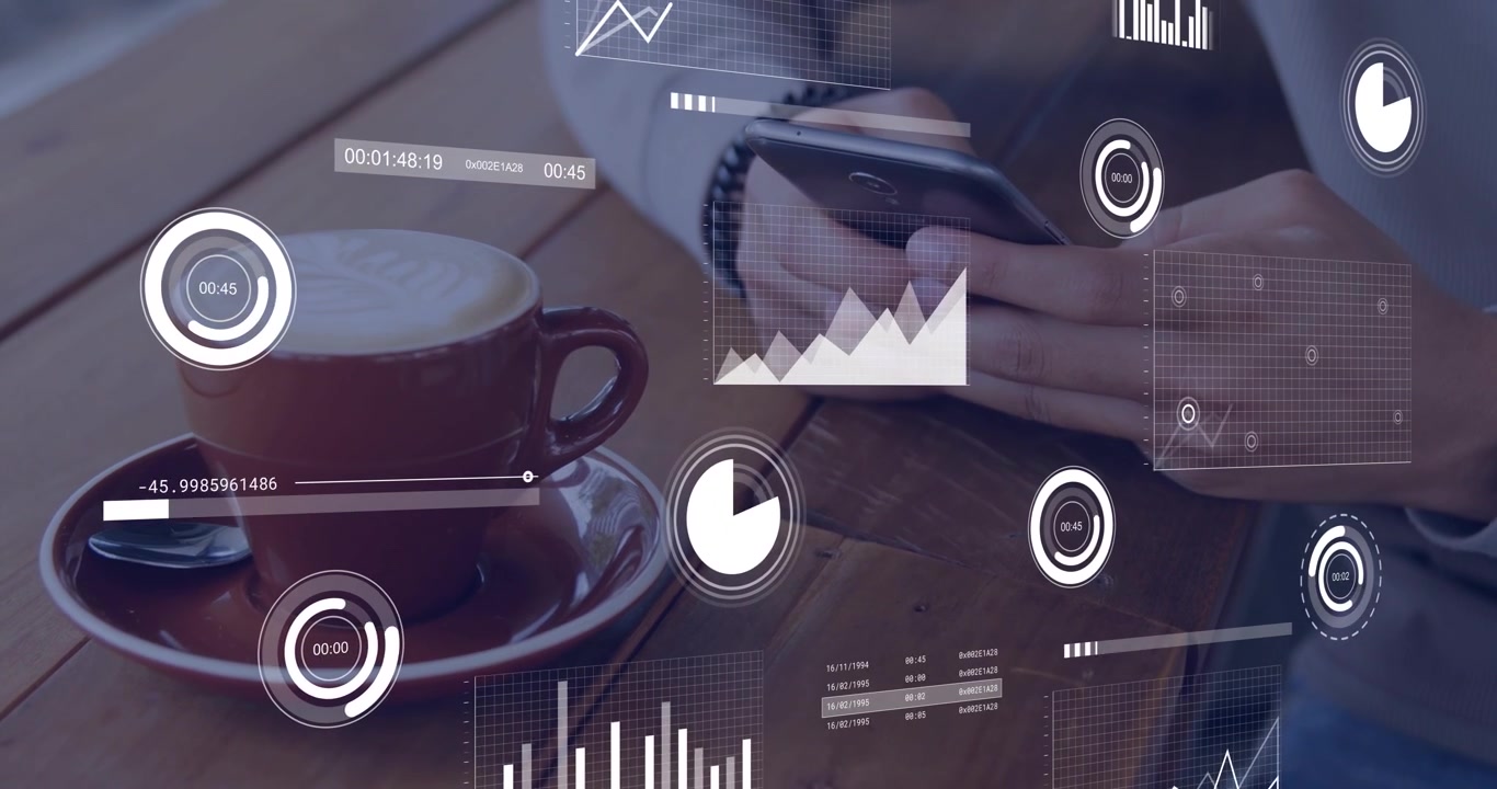 Male tapping smartphone at cafe table, initiating HUD charts refreshing for finance monitoring