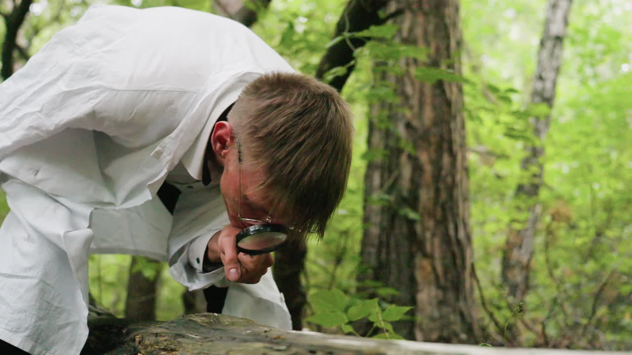 Ecologist in white coat and glasses smiling while closely observing fallen stump surrounded by dense green forest, highlighting curiosity and scientific interest in natural woodland environment