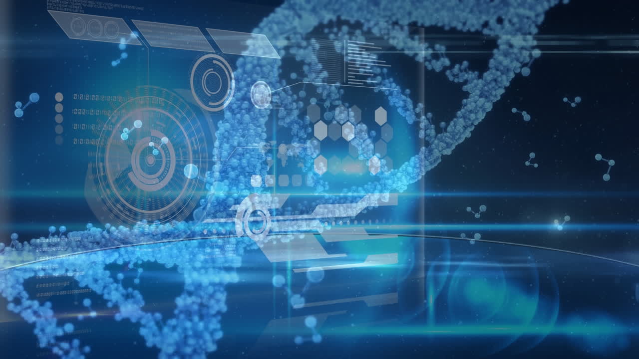 회전하는 3차원 dna 가닥의 애니메이션, 떠다니는 분자 구조와 검은색의 데이터 처리